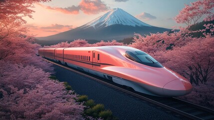Pink bullet train, Fuji sunset, cherry blossoms, travel