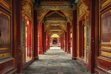 Fototapeta premium Ornate corridor of a traditional building with vibrant gold and red decorations