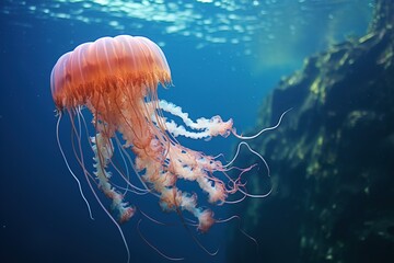 Fototapeta premium Graceful jellyfish swimming in the deep blue ocean near rocky formations