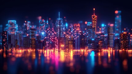 Fototapeta premium A vibrant cityscape illuminated with glowing lights representing data flow and connectivity.
