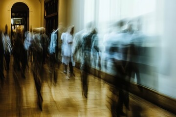 Crowd of blurred figures walking through a hallway in a modern building at an art exhibit during the daytime