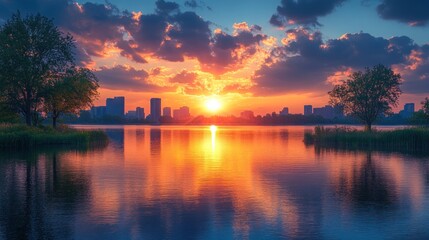 Fototapeta premium Sunset Over City Skyline Reflected in Calm Lake