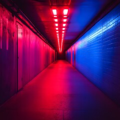 Fototapeta premium Vibrant Contrast of Red and Blue Lights in Futuristic Tunnel Passage