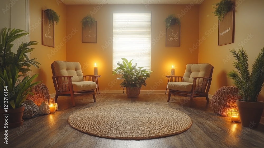 Aufkleber this tranquil room features two comfortable chairs, surrounded by greenery and soft lighting, creati