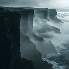 Coastal cliffs shrouded in dense fog with faint outlines of jagged rocks and the sound of waves crashing below ultra HD