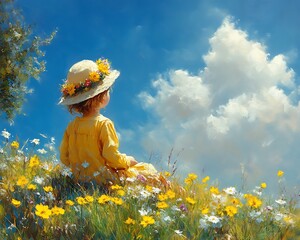 Little girl in yellow dress sits amidst wildflowers, gazing at a sunny sky.