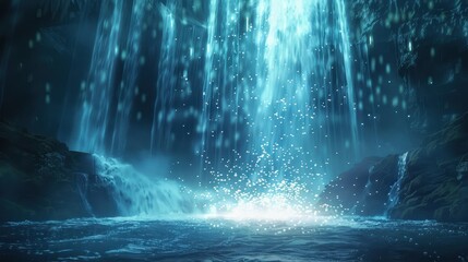 Mystical Waterfall with Glimmering Light and Abstract Background