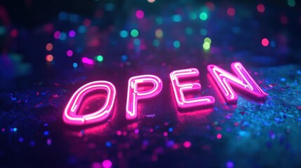 Neon Open Sign Glowing in Dark Room with Colorful Lights