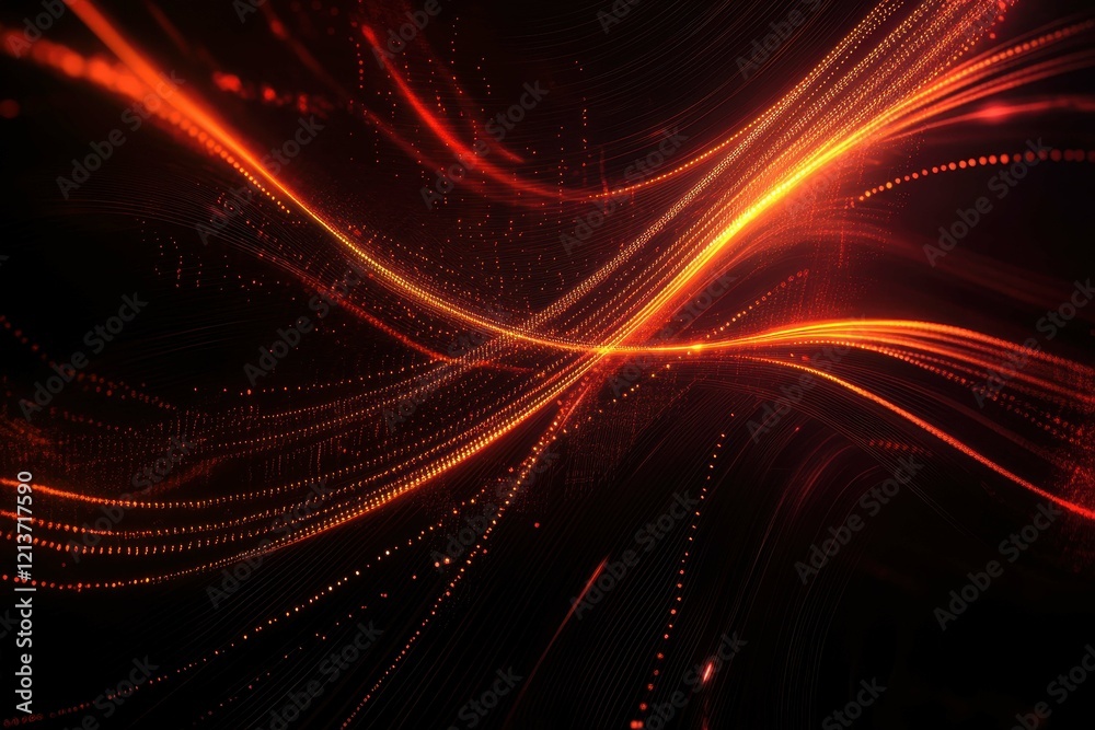 Poster dynamic lines of orange and red light flow through a dark background, creating an energetic visual e