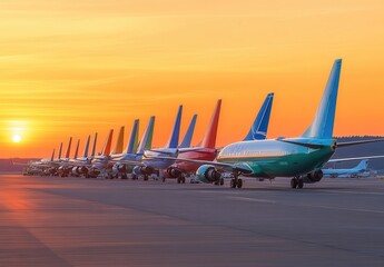 A Row of Colorful Airplanes at Sunset on a Runway with a Gorgeous Orange and Yellow Sky, Capturing the Beauty of Aviation and Evening Light