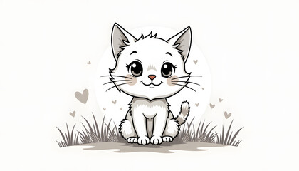 Naklejka premium Adorable Kawaii-Style White Kitten with Expressive Eyes amid Stylized Grass