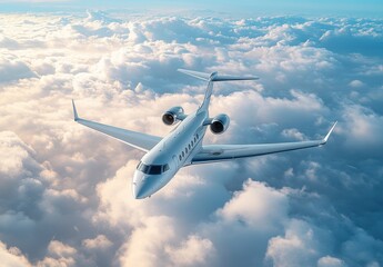 Fototapeta premium A Sleek White Private Jet Flying Above Fluffy Clouds in a Bright Sky, Captured in the Soft Light of a Clear Day, Evoking a Sense of Luxury and Freedom