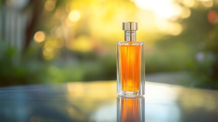 Amber perfume bottle, outdoor sunset, garden bokeh, advertising