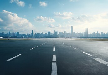 A Wide-Open Airport Runway Leading into a Modern City Skyline under a Clear Sky with Dramatic Clouds, Capturing the Essence of Travel and Urban Exploration