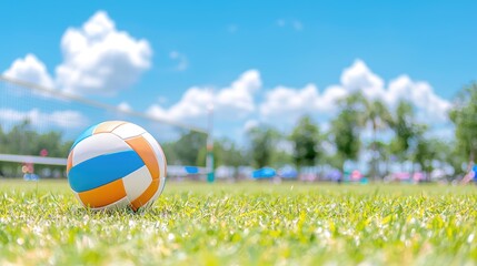 Volleyball on grass court, sunny day, outdoor tournament. Sports imagery