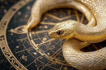 Obraz premium Golden snake entwined around an astrological chart at an art studio during a creative session