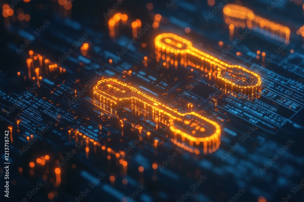 Poster glowing circuit patterns with interconnected links illuminated on a digital background at night