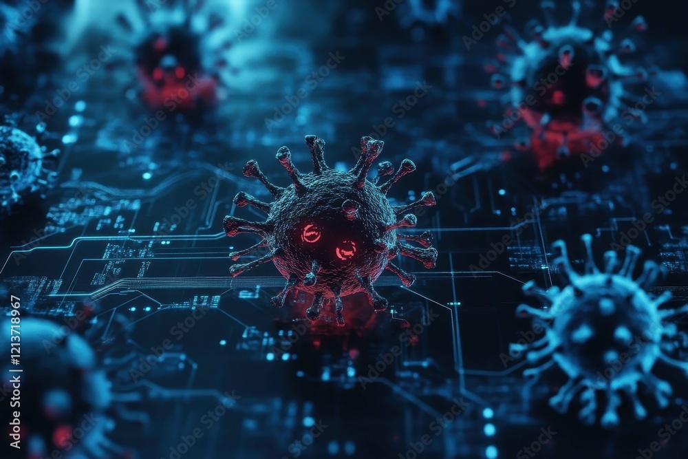 Poster digital representation of a virus floating in a high-tech environment with glowing circuits