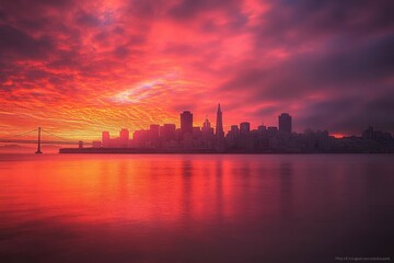 Fototapeta premium Sunrise over San Francisco skyline with vibrant colors reflecting on the water