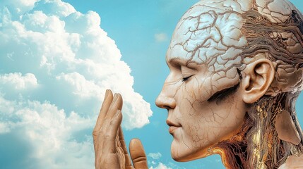 Surreal Vision of Man Reaching for the Clouds, Exploring the Human Mind's Connection to the Universe