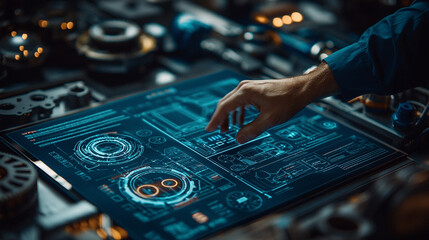 Technician using holographic interface to inspect parts.