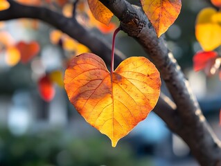 Obraz premium Autumn Heart Shaped Leaf on Blurred Tree Branch with Sweet Tonal Colors