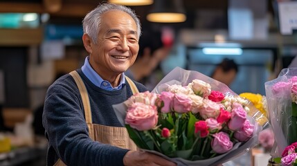 Japanese old man holding a bouquet of flowers at his flower shop