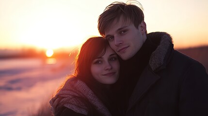love couple hugging against sunset light 