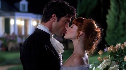 regency movie style fashion portrait love couple kissing at night garden