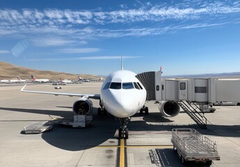Airplane at airport gate with docking bridge in bright sunlight, showcasing clear blue skies and aircraft on runway for a travel and aviation theme