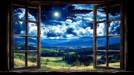 Night Landscape: Serene Moonlit Valley View from Rustic Window