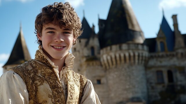 fantasy character portrait, young charm prince with castle background 