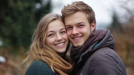 Fototapeta premium Caucasian couple young woman and man smiling standing together with joy and fun at autumn park 