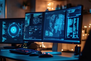 Modern workspace illuminated by blue light with multiple monitors displaying data analysis and map visualization
