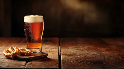 A Pint of Beer with Pretzels on Rustic Wooden Table