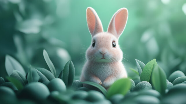 Cute rabbit sitting among green leaves in serene environment, evoking sense of calm and nature beauty. Perfect for nature themed projects or children content