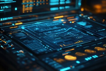 Obraz premium High-tech interface displayed on futuristic computer screen showing data analysis and digital graphics