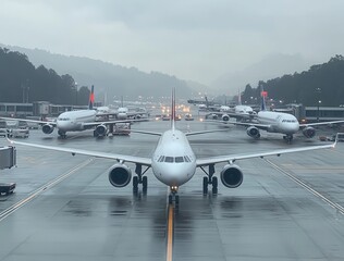 Airplanes on a Rainy Runway at a Busy Airport with Multiple Aircraft Awaiting Takeoff Illuminated by Soft Lights and Misty Mountains in Background