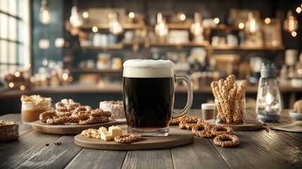 Cozy Evening with Dark Porter Beer, Frothy Foam, and Artisanal Snacks in Rustic Cabin Setting.