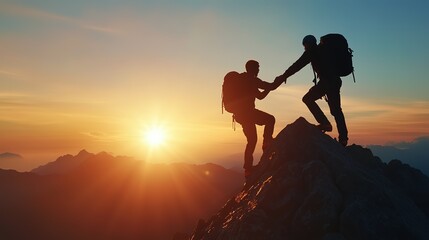 two hikers silhouetted against the rising sun on a mountaintop.  a man reaching down to offer a helping hand to the other person, climbing up, challenge and friendship concept 