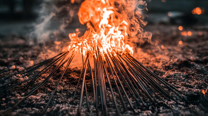 7. A surreal take on Thai street food stalls with glowing and melting colors, blending smoke, skewers, and chaotic patterns into an energetic abstract landscape 