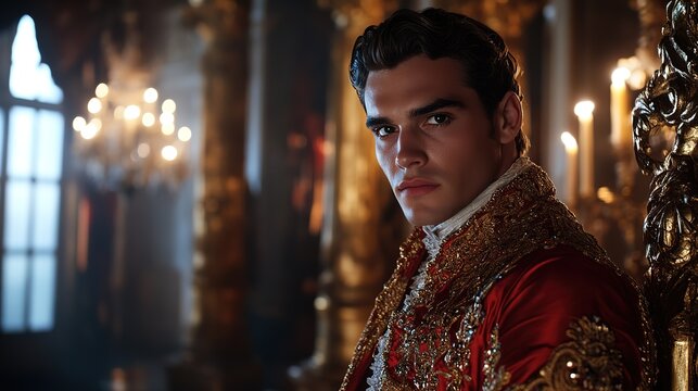 fantasy character portrait of young prince wearing red elegance royal attire at palace 