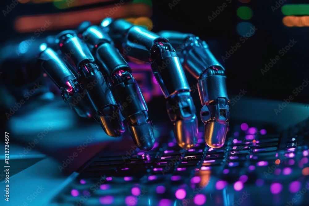 Poster robotic hand using a computer keyboard in a dark, illuminated workspace filled with colorful lights