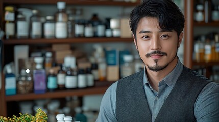 Fototapeta premium handsome young Chinese man, owner of traditional Chinese medicine shop full of herbal and bottle on shelves