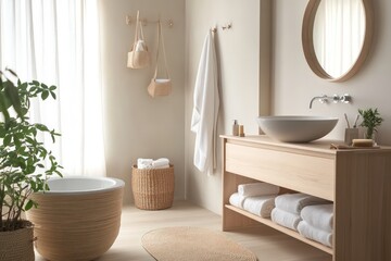 A Scandinavian bathroom highlighting light wood elements, a neutral color palette, and functional design. Embrace clean lines, simple fixtures, and abundant natural light.