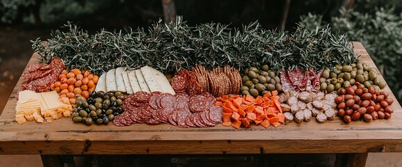 Rustic wooden board overflowing with an array of delicious charcuterie, cheeses, olives, and crackers.