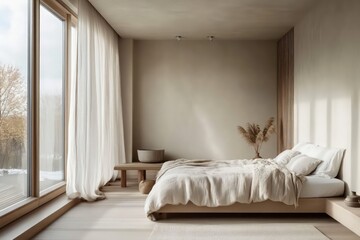 A Scandinavian bedroom highlighting light wood elements, a neutral color palette, and functional design. Embrace clean lines, simple fixtures, and abundant natural light. 