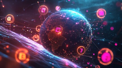 Global digital currency network, glowing icons, futuristic space, online finance
