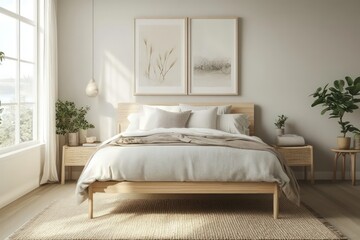 Fototapeta premium A Scandinavian bedroom highlighting light wood elements, a neutral color palette, and functional design. Embrace clean lines, simple fixtures, and abundant natural light.