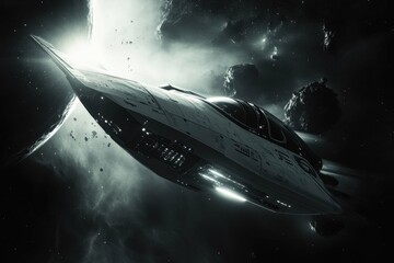 Obraz premium Spaceship navigating through an asteroid field in a dark, mysterious galaxy at twilight